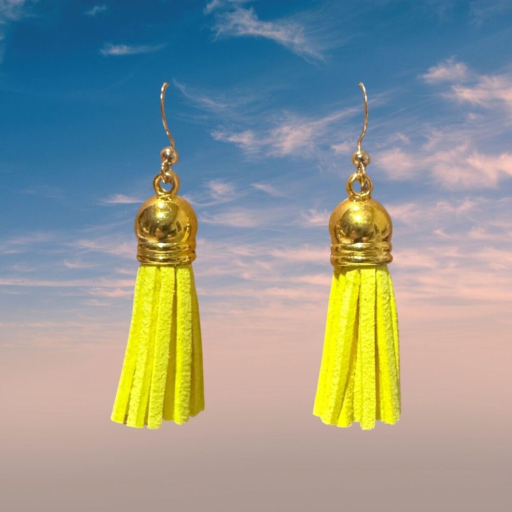 Lemon Yellow Suede Earrings, 10kt Gold Hypoallergenic Dangle Item #2264
